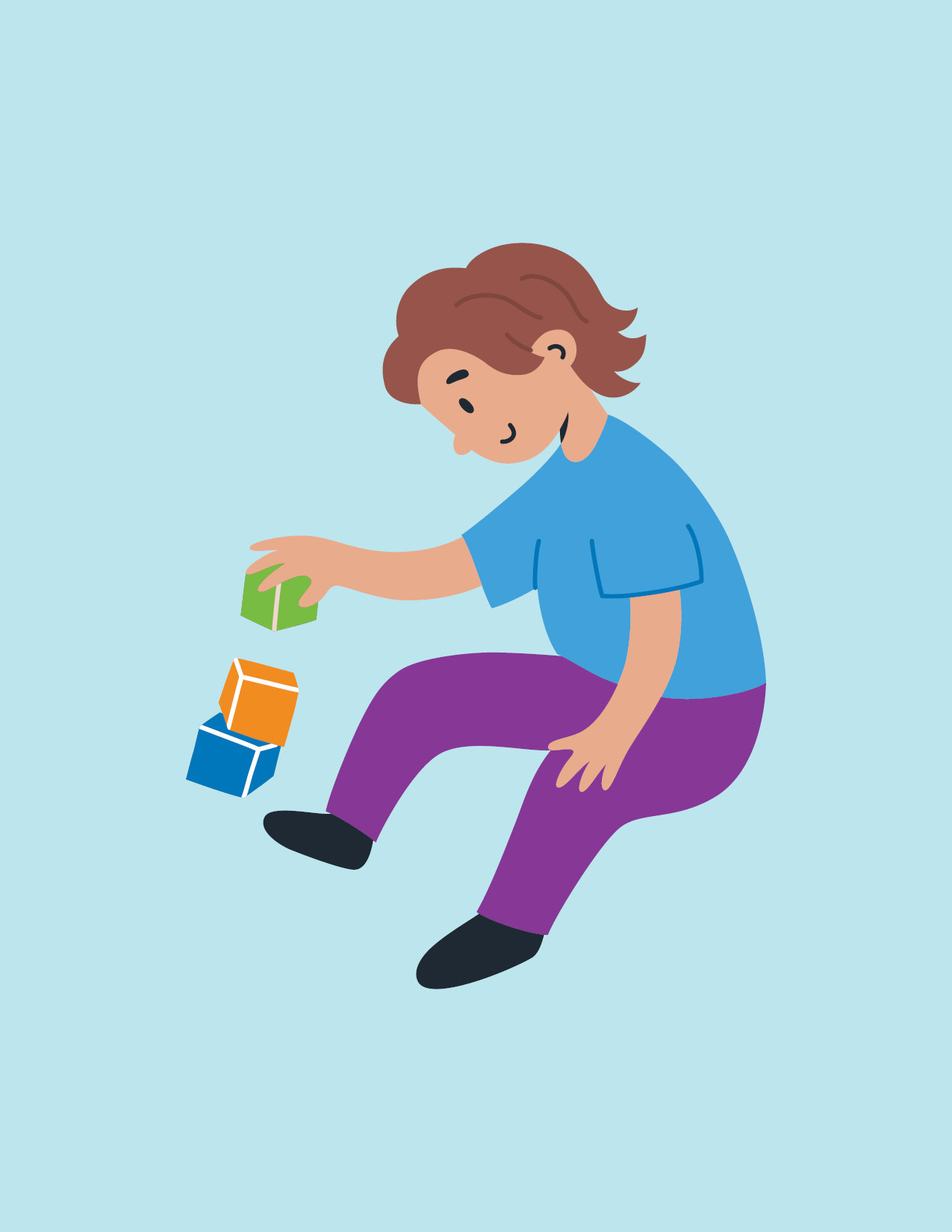 toddler playing with blocks on blue background