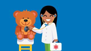 smiling cartoon girl playing doctor with stethoscope listening to teddy bear's heart