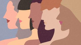 illustration of five women's side profiles in a row showing different skin tones and hair types, breast cancer, women, high-risk, mammogram, MRI, screening