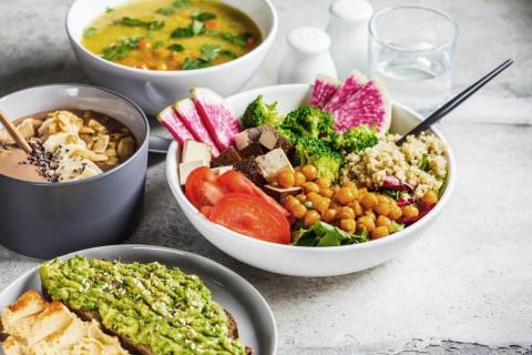 A colorful spread of healthy foods including a quinoa and vegetable bowl with chickpeas, broccoli, tomatoes, tofu, and watermelon radish, a smoothie bowl topped with banana and granola, a bowl of soup with cilantro garnish, and toast with hummus and mashed avocado.