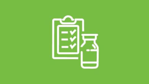 graphic icon of vaccine bottle next to a checklist on a green background