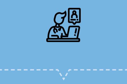 graphic icon with figure at computer consulting patient