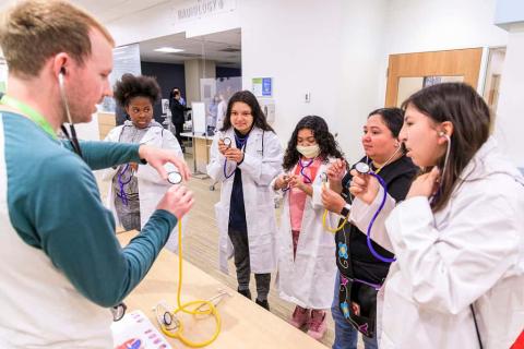 group demo, american indian youth with stethoscopes, aiys, educating american indian youth in healthcare, healthcare seminar for indian youth