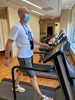 John on treadmill in Cardiac Rehab at Hennepin Healthcare, young healthy and at risk for a heart attack, vomited several times, burning lungs, heart hurt, 90 percent blockage of left anterior descending artery, michael konstantinides, tombstoning, cardiac rehab program