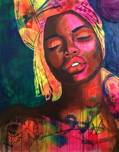painting of woman with head scarf and closing her eyes, finding your voice, urban expressionist, artist, creating art that affirms, michelle jones