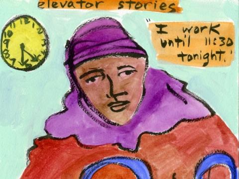 drawing of man in elevator by anita white