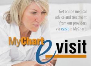 provider engaging with patient during e-visit, MyChart E-Visits are here, online medical advice, online treatment, virtual clinic visit, online healthcare