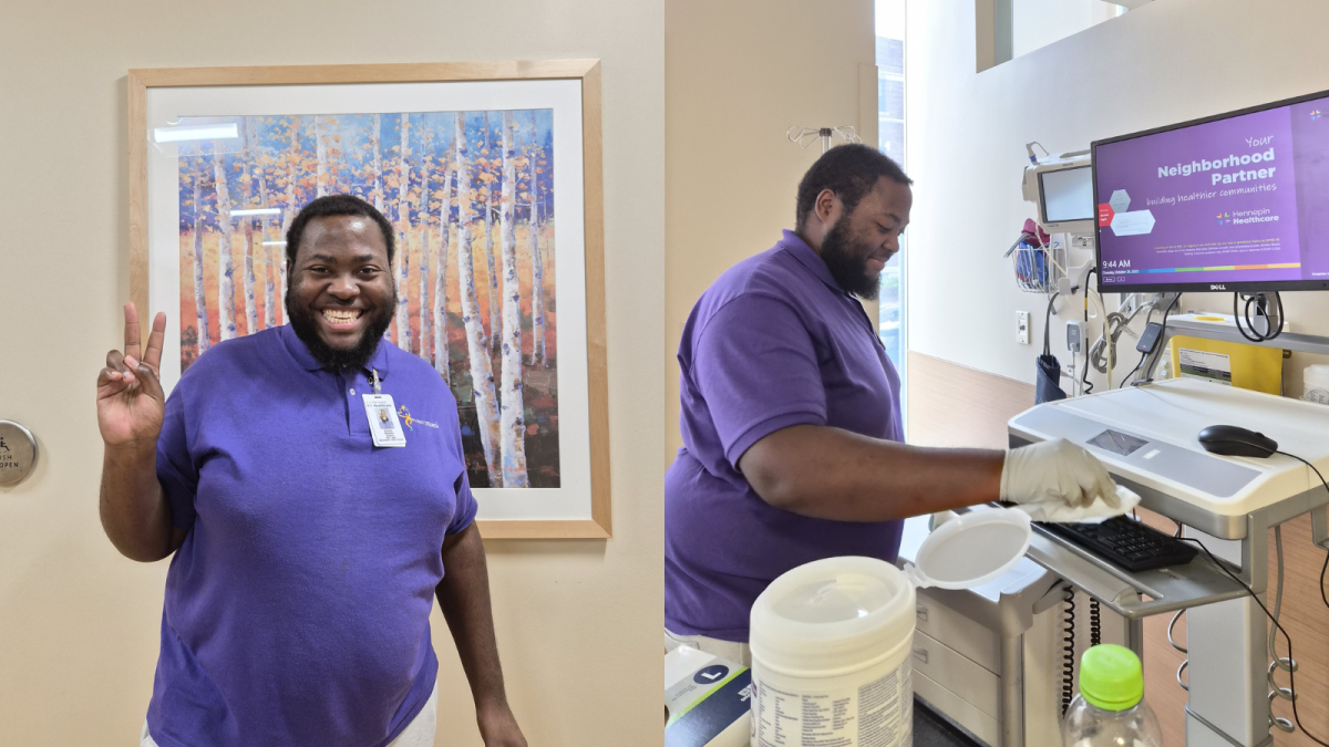 one photo of a man in a purple shirt smiling and posing for the camera, second photo of a man in a purple shirt disinfecting a computer keyboard