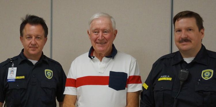 Jerry with paramedics, Hennepin EMS Paramedics reunite with a grateful patient, discomfort in chest, advanced life support, cath lab, widow makerJason Robarge, Aaron McAllister, paramedics