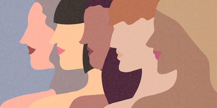 illustration of five women's side profiles in a row showing different skin tones and hair types, breast cancer, women, high-risk, mammogram, MRI, screening