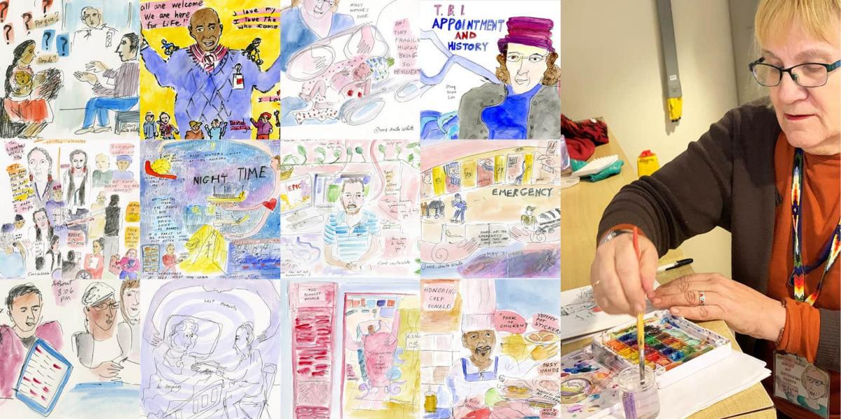 collage of anita white illustrations with photo of anita white, local artist illustrates day in the life, illustrator at hospital, documenting through illustration, local artist anita white, patient illustrations