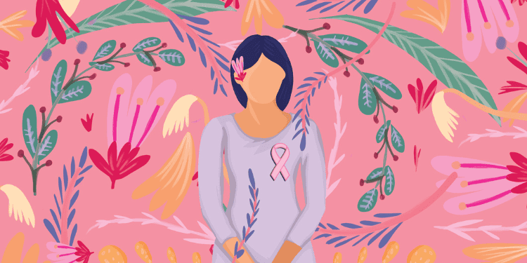 single woman with graphic background, closing care gaps breast cancer screening with american indian women, breast cancer screenings, screening for breast cancer, outreach to american indian women, preventing breast cancer in american indian women