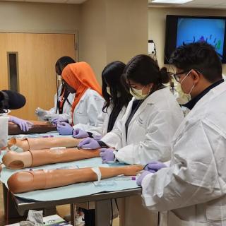 Students practicing medical procedures on training mannequins in a lab setting.