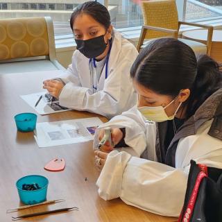 Students practicing fine motor skills using small tools during a hands-on workshop.