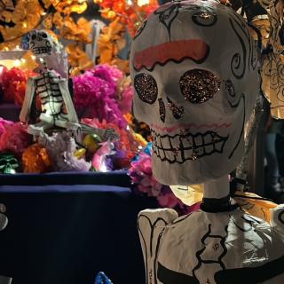Colorful and glittery sugar skulls during Day of the Dead